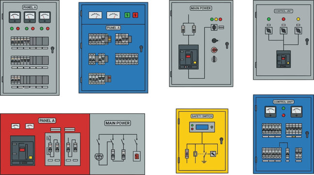 Collection of industrial electrical control panels featuring various switchboards and power distribution units in a flat vector design isolated on white background