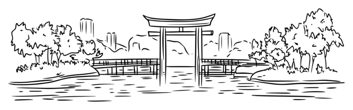japanese torii gate in park with modern skyline
