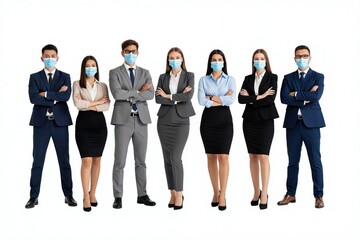 Fototapeta premium Diverse business team wearing face masks poses together. Professionals in formal attire maintain distance. Workers practice safety protocols during work. Health important for company success.