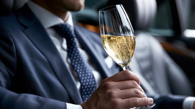 Ein Mann im eleganten Anzug h&auml;lt ein Glas Champagner in einem luxuri&ouml;sen Fahrzeug.
