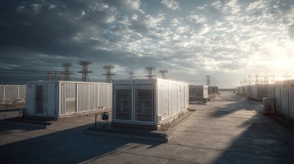 Obraz premium Industrial battery farm facility with multiple energy storage containers and high voltage power lines, contributing to grid stabilization and sustainable energy infrastructure under a dramatic sky