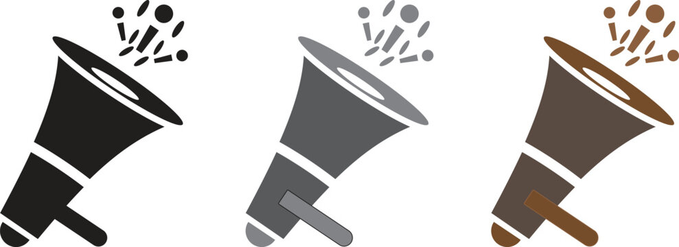 

 Set of Three Megaphone Icons Black Gray Brown with Sound Waves Vector Illustration