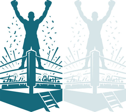 Boxing Champion celebrating victory in boxing ring with confetti, vector illustration