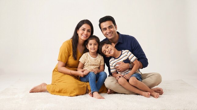 happy indian family portrait, joyful parents with children at home. modern indian family lifestyle, loving parents and kids together