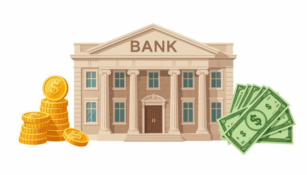 Bank Building with Stacks of Coins and Cash Illustration
