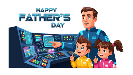 Father's Day in space: A heartwarming illustration of a father, dressed as an astronaut, and his children celebrating Father's Day against a futuristic spaceship command center. © abidakhatun