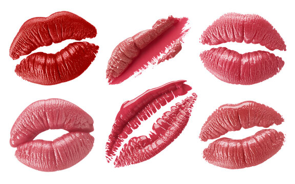 Set of various lipstick kiss marks isolated on white background