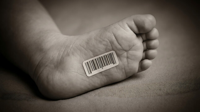 Infant foot with barcode on sole concept of consumerism and newborn tracking