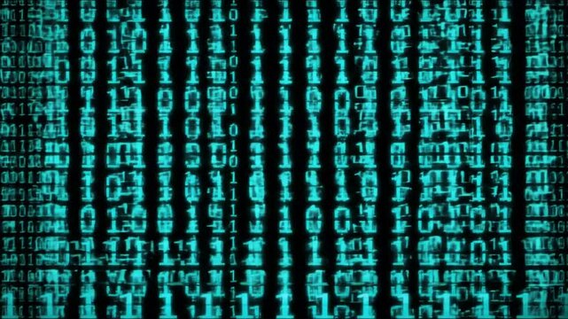 Blue binary code numbers with glitch effect on black background