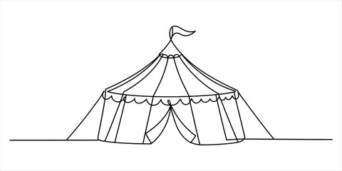 Continuous single line drawing of a circus tent with a flag on top showing a fun carnival theme for entertainment and festive events in a simple black style Vector, illustration © Tona Drawing Gallery