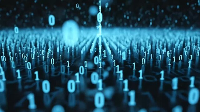 Blue digital binary code stream in deep perspective field