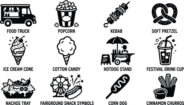 Fairground food and snack glyph icon collection with black line elements isolated on white background for catering menu