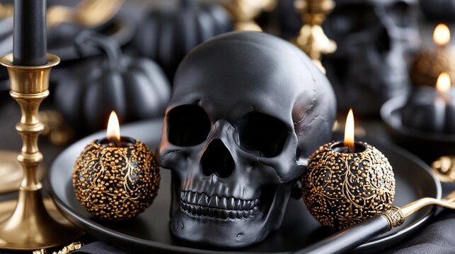 Eine Halloween-Tischdekoration mit Totensch&auml;del, schwarzen Kerzen und stimmungsvollem Kerzenschein auf dunklem Hintergrund.