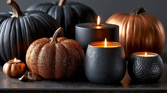 Herbstliche Halloween-Dekoration mit schwarzen K&uuml;rbissen, Kerzen in strukturierten Beh&auml;ltern und warmem Kerzenlicht auf dunklem Hintergrund.
