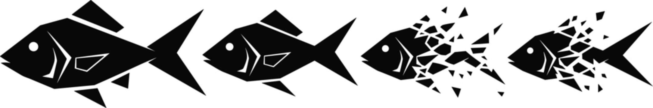 Geometric Fish Vector Logo Set Featuring Black Origami Style Marine Animal Silhouettes Transforming And Shattering Into Abstract Exploding Polygon Particles For Branding Design