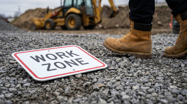 Fallen work zone notice sign on gravel with worker boots walking past heavy equipment at an overcast construction site