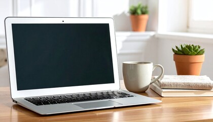 Fototapeta premium Clean home office workspace featuring an open laptop, a coffee cup, and succulents on a wooden table. A bright, airy setting ideal for freelance, productivity, or digital nomad concepts.
