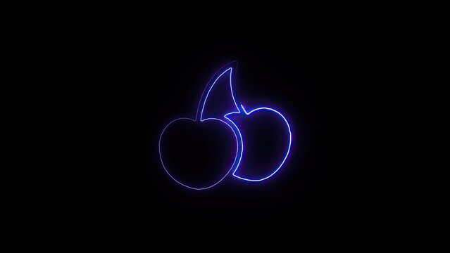 Neon outline of two cherries with stems on black background, keywords: cherries, fruit, neon