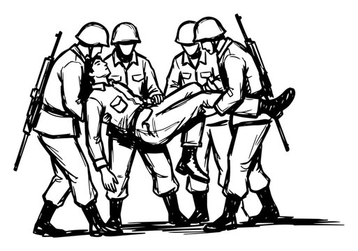 Soldiers carrying wounded comrade evacuation black and white vector drawing