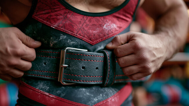 Close-up of a weightlifter's competition belt cinched tight over a chalk-dusted singlet, hands patting it before approach to platform, ritual and readiness combined, perfect for strength sports, wei