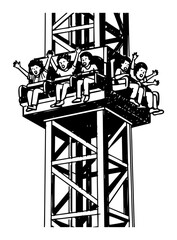 Drop Tower Ride With Thrilled Kids Amusement Park Monochrome Ink Sketch Vector © Mago
