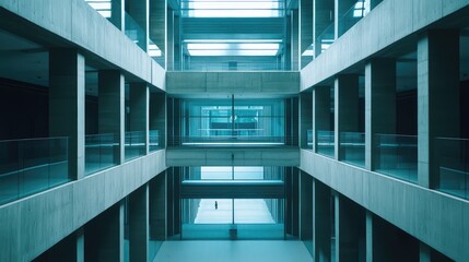 Fototapeta premium Contemporary building interior showcasing repetitive lines, brutalist concrete forms, glass railings, and a vast atrium space with a lone figure providing a sense of scale and contemplation