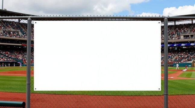 Blank white banner hangs on chain link fence at baseball field. Crowd watches game from stadium stands under cloudy sky. Copy space available for advertisement.