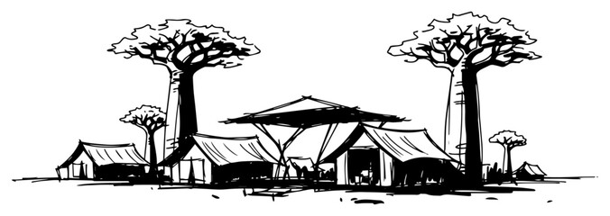 African safari camp with baobab trees and tents black and white vector illustration © Mago