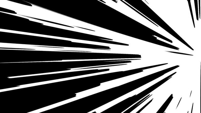Black and white abstract animation with dynamic radial lines zooming from left to right motion.