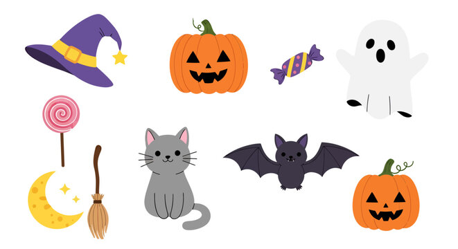 Halloween themed illustration featuring pumpkins, ghost, bat, cat, witch hat, and moonlit night scene with festive decorations.