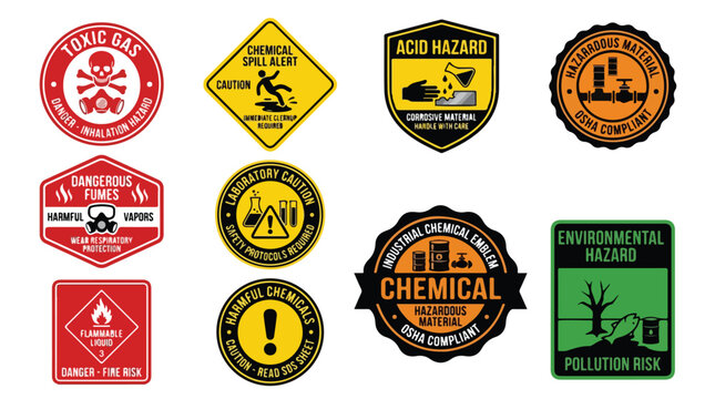 Industrial chemical hazard warning signs, set of 10 safety labels and toxic material icons, hazardous waste and pollution risk vector emblems