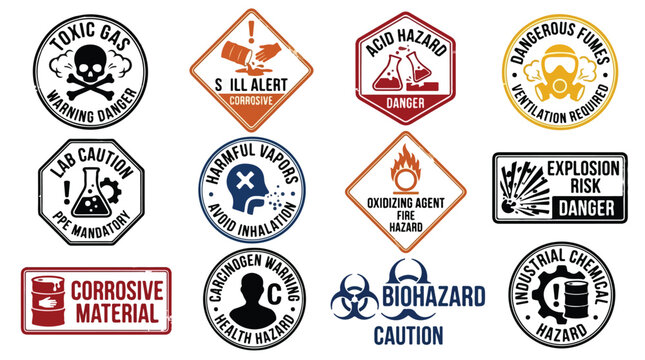 Vintage industrial hazard signs and chemical warning labels, set of 12 grunge safety icons, toxic laboratory caution symbols for workplace security