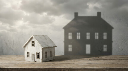 Obraz premium Small Miniature House Model Casting a Large Dreamy Home Shadow on a Rustic Wooden Tabletop