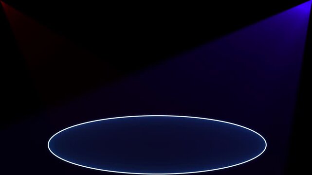 Spotlight shines on empty oval stage with pulsing blue light, dark background, cinematic motion footage.