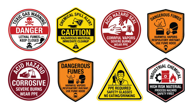 Industrial chemical safety signs, set of 8 warning labels for toxic gas and acid hazards, laboratory caution stickers with PPE icons, vector graphics