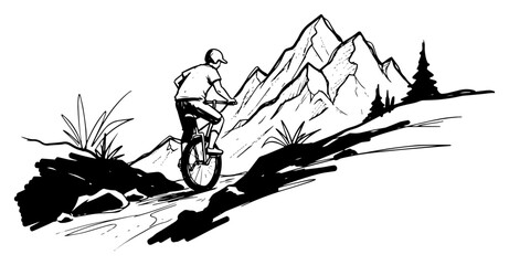 Mountain Unicyclist Riding Rugged Trail With Peaks Black And White Vector Illustration © Mago