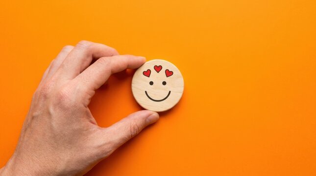 A hand holding a small wooden smiley face with hearts on an orange background