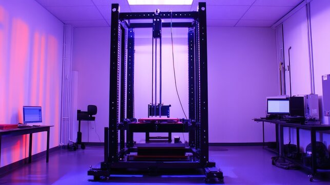 Industrial 3d printer and precision machinery operating in a research facility, innovating future fabrication, rapid prototyping, and advanced manufacturing processes under purple light