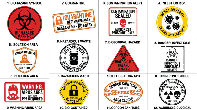 Biohazard warning signs and quarantine labels, set of 12 industrial hazard icons, biological infection risk and hazardous waste vector stickers