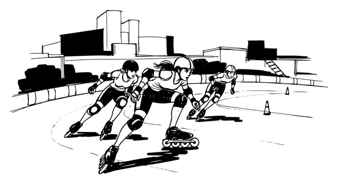 Inline Speed Skaters Racing On Urban Track Rollerblading Monochrome Ink Sketch Vector