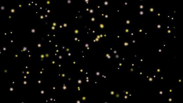 Abstract motion background of a dark blue space backdrop with glowing gold stars, sparkling christmas snow particles, and magic holiday light decoration in a seamless loop vector design
