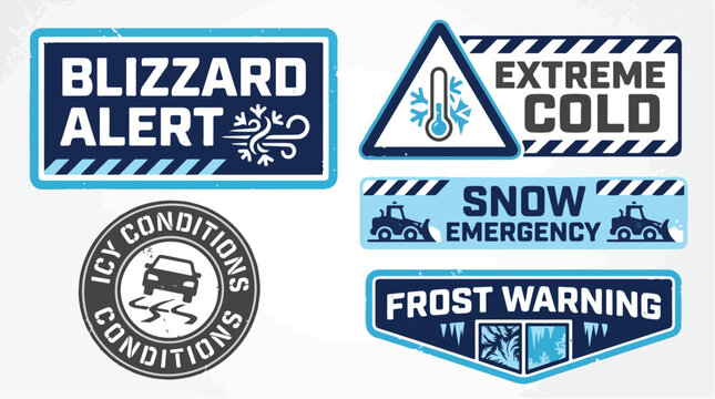 Winter weather alert signs, blizzard and extreme cold warning labels, snow emergency and icy conditions icons, frost warning vector set