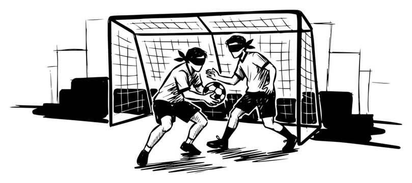 Street soccer youth players defending at goal black and white dynamic vector illustration
