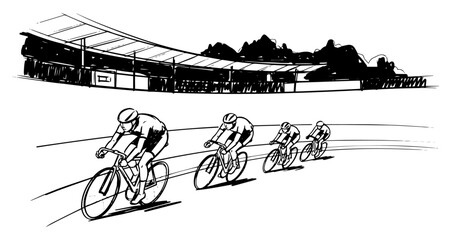 Obraz premium Track cycling racers on velodrome curve black and white dynamic sports vector illustration