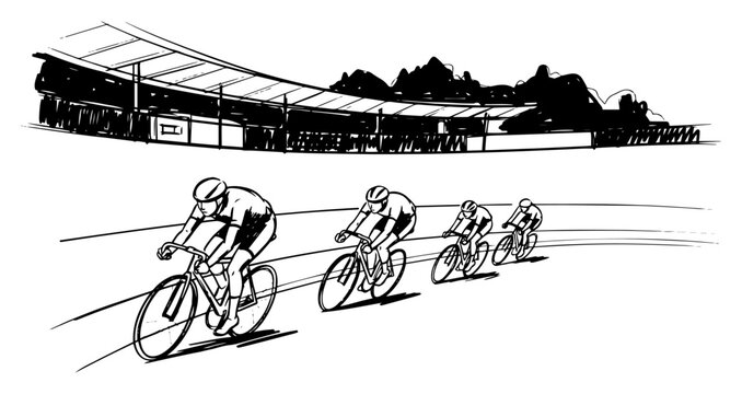 Track cycling racers on velodrome curve black and white dynamic sports vector illustration