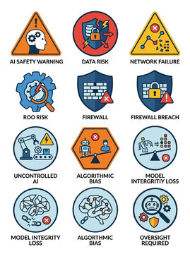 A high-quality flat 2D vector icon set depicts various AI safety warnings and risks in a modern, simple style.