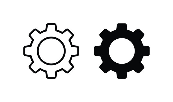 Two Cogwheel Icons, Black and White Outline, Mechanical Engineering Symbols, Industry and Technology Concepts, Simple Vector Graphics