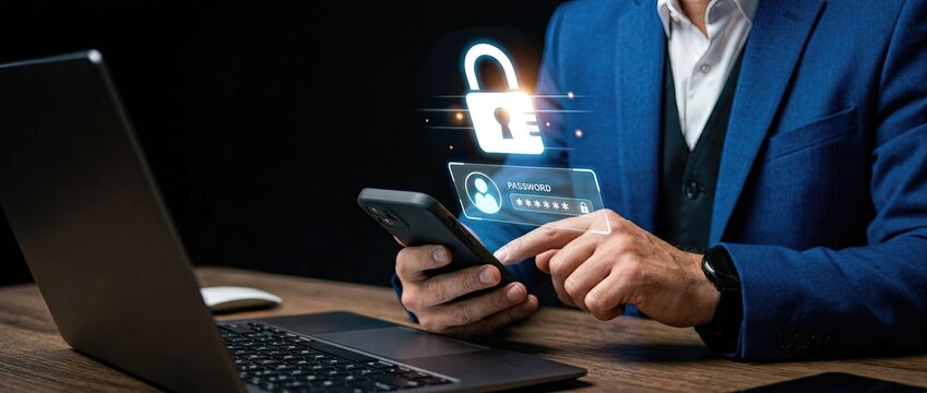 Secure authentication process digital workspace infographic professional environment close-up viewpoint cybersecurity concept