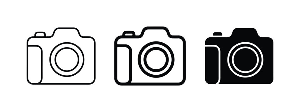 Camera Icons Set: Simple Line Art, Outline, and Solid Black Silhouettes for Photography and Imaging Concepts
