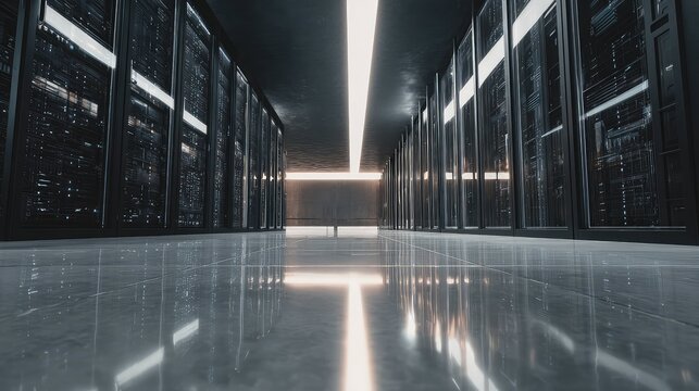 Server racks standing in rows creating an immersive environment, displaying data processing and network infrastructure for various technology and computing solutions
